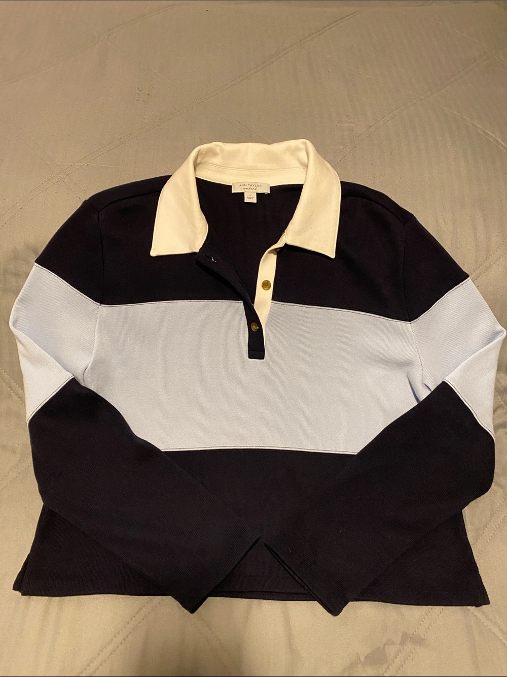 Ann Taylor Navy, Light Blue & White Colorblock Polo in Size Large